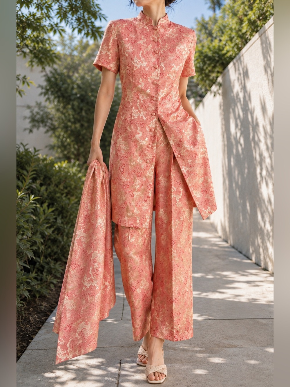 Vintage Custom Asian Ao Dai Inspired 3PC Brocade Dress Pants Shawl Dragon S